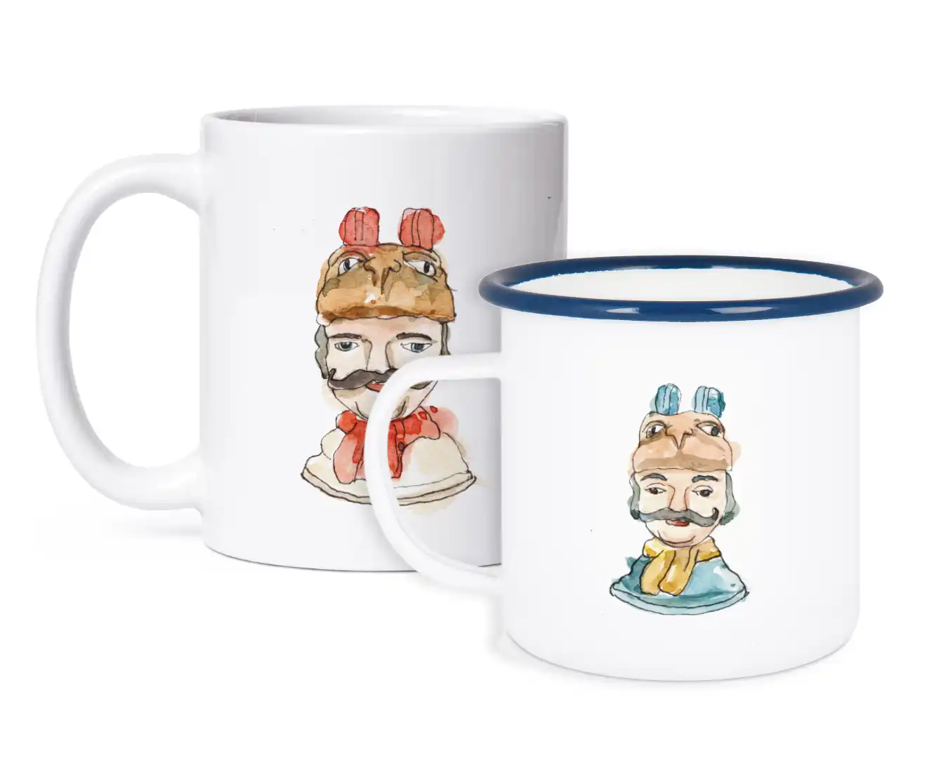 Keramiktasse und Emaille-Becher mit Wismarer Schwedenkopf-Aquarellmotiv